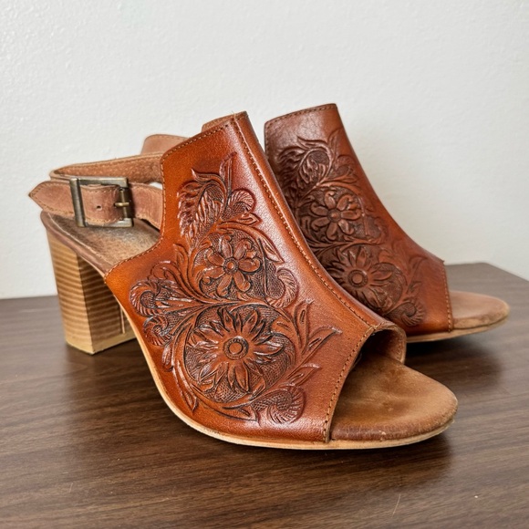 Roper Tan Floral Embossed Heeled Sandals - Picture 1 of 6